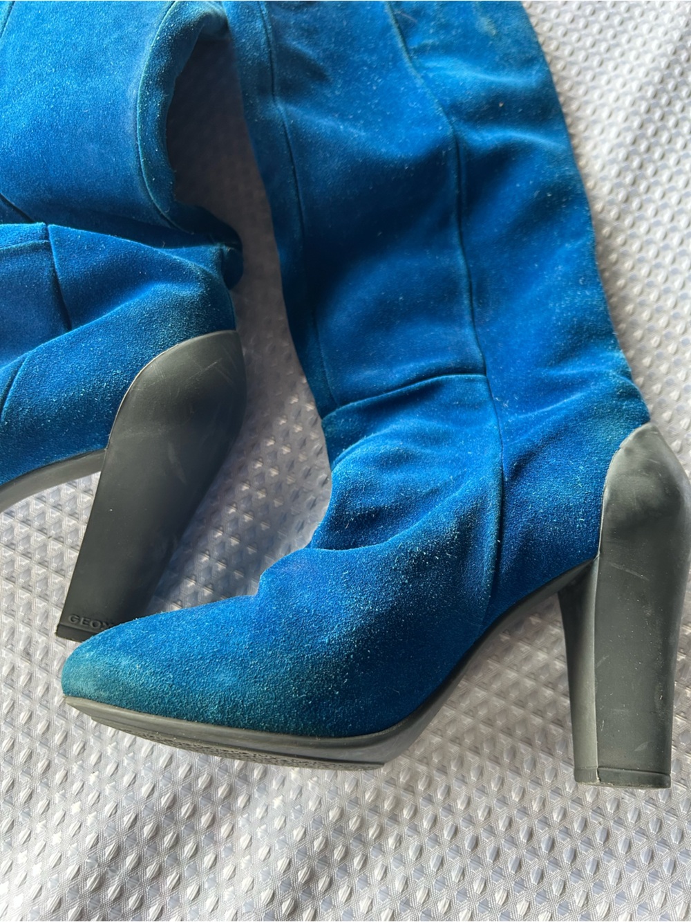 Geox Teal-Blue Suede Knee-High Block Heel Boots - Picture 11 of 16